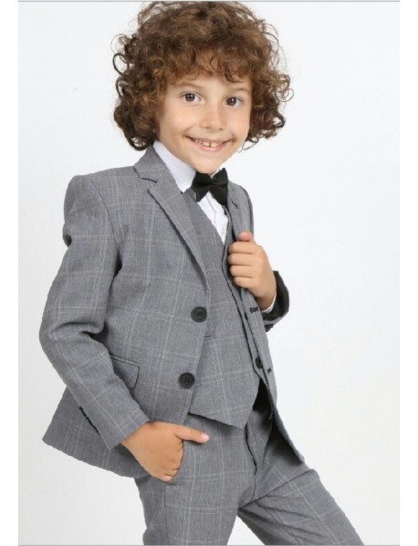 Boys 5 Piece Grey Colour Checked Suit