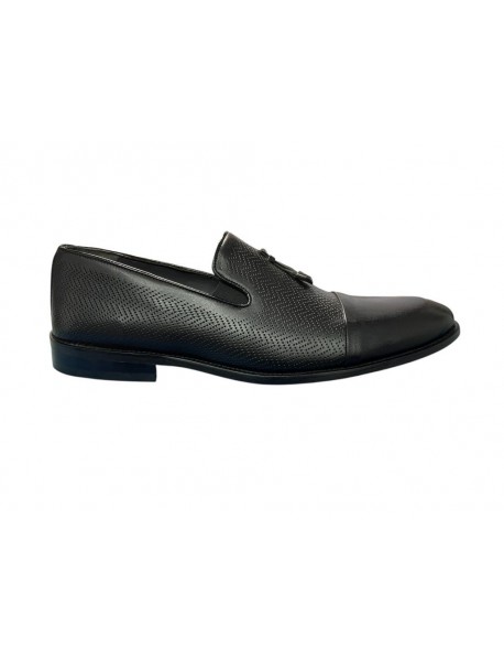 BLACK LEATHER SLIP-ON TOE CAP SHOES