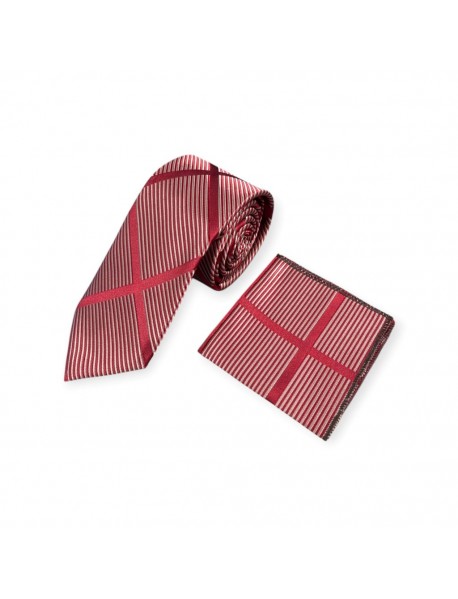 RED & SILVER STRIPED TIE & POCKET SQUARE