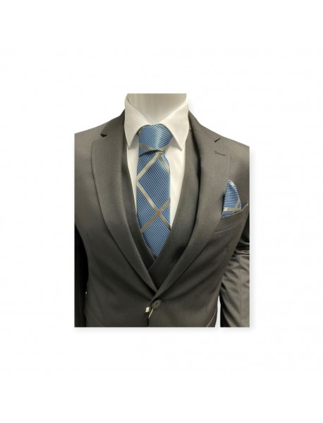 BLACK & BLUE STRIPED TIE & POCKET SQUARE