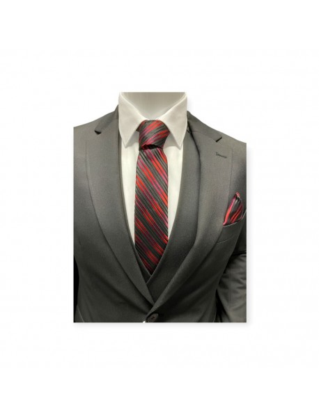 RED & BLACK  STRIPED TIE & POCKET SQUARE
