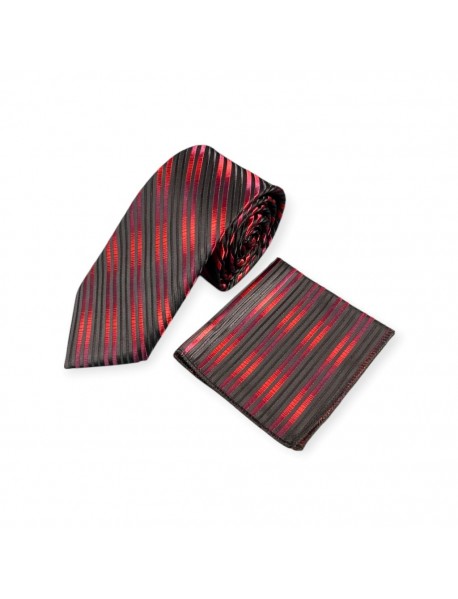 RED & BLACK  STRIPED TIE & POCKET SQUARE