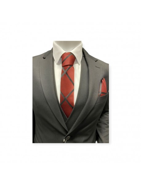 RED & SILVER STRIPED TIE & POCKET SQUARE