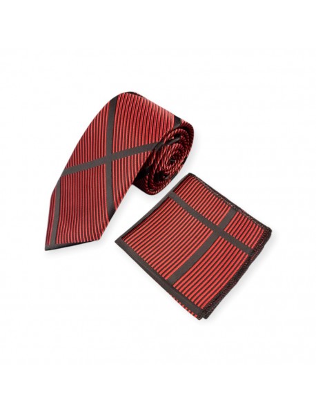 RED & BLACK STRIPED TIE & POCKET SQUARE