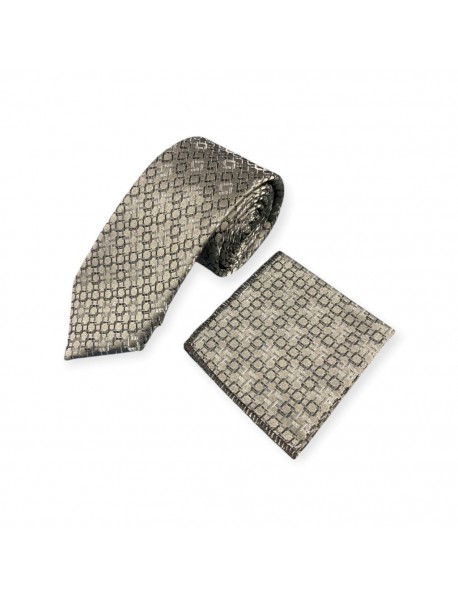GREY GEOMETRIC TIE & POCKET SQUARE