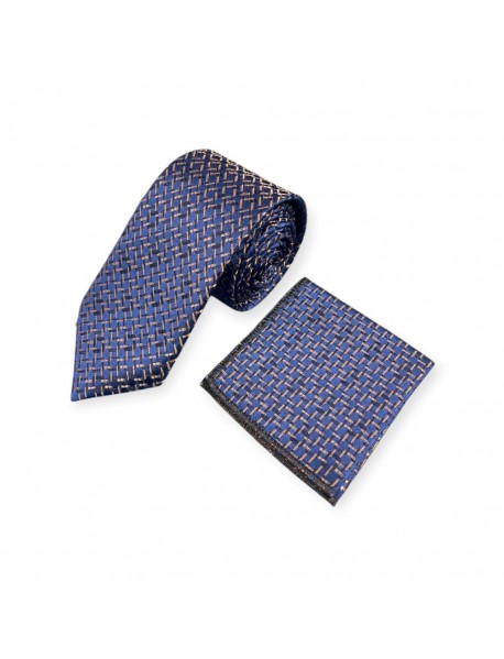 NAVY BLUE & LIGHT BROWN TIE & POCKET SQUARE