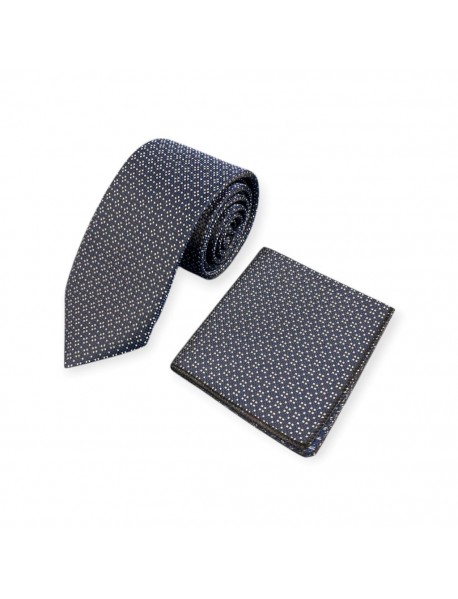 NAVY BLUE & WHITE GEOMETRIC TIE & POCKET SQUARE
