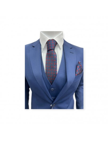 NAVY BLUE & RED FLORAL TEXTURED TIE & POCKET SQUARE