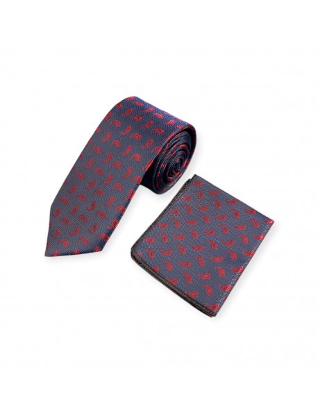 NAVY BLUE & RED FLORAL TEXTURED TIE & POCKET SQUARE