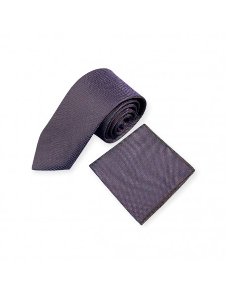 NAVY BLUE & RED TEXTURED TIE & POCKET SQUARE
