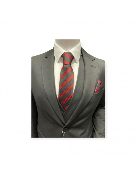 RED & BLACK STRIPED TIE & POCKET SQUARE