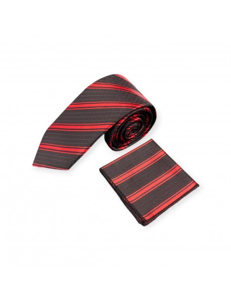 RED & BLACK STRIPED TIE & POCKET SQUARE