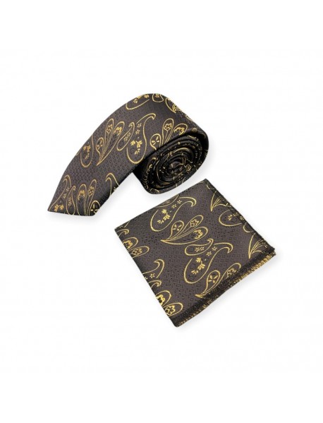 BLACK & GOLD PAISLEY TIE & POCKET SQUARE