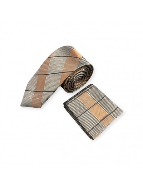 GREY & BROWN STRIPED TIE & POCKET SQUARE 