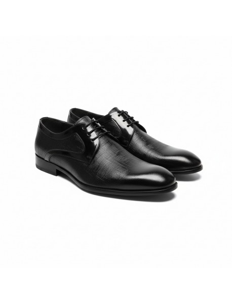 BLACK LEATHER TEXTURED DERBY SHOES