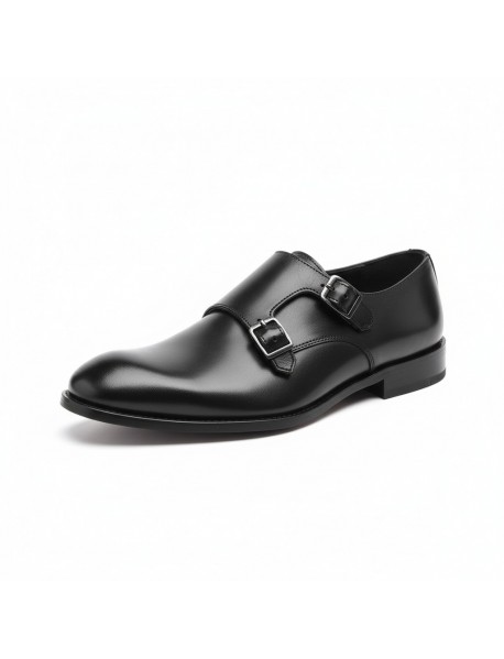 BLACK LEATHER DOUBLE MONK STRAP SHOES