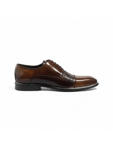 BROWN LEATHER PATENT TOE CAP DERBY SHOES