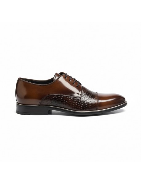 BROWN LEATHER PATENT TOE CAP DERBY SHOES