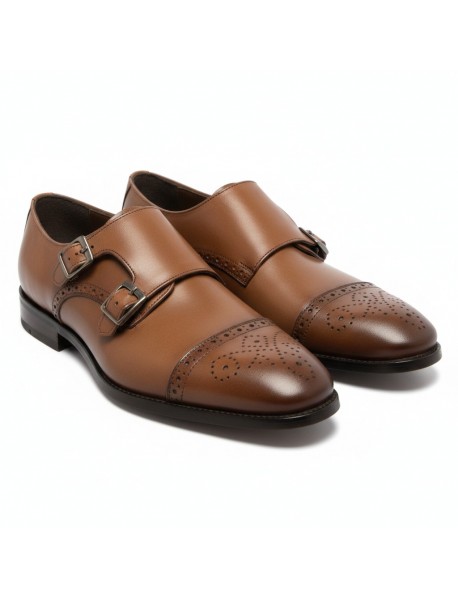 BROWN LEATHER DOUBLE MONK SHOES