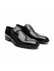 BLACK LEATHER PATENT SINGLE MONK STRAP SHOES
